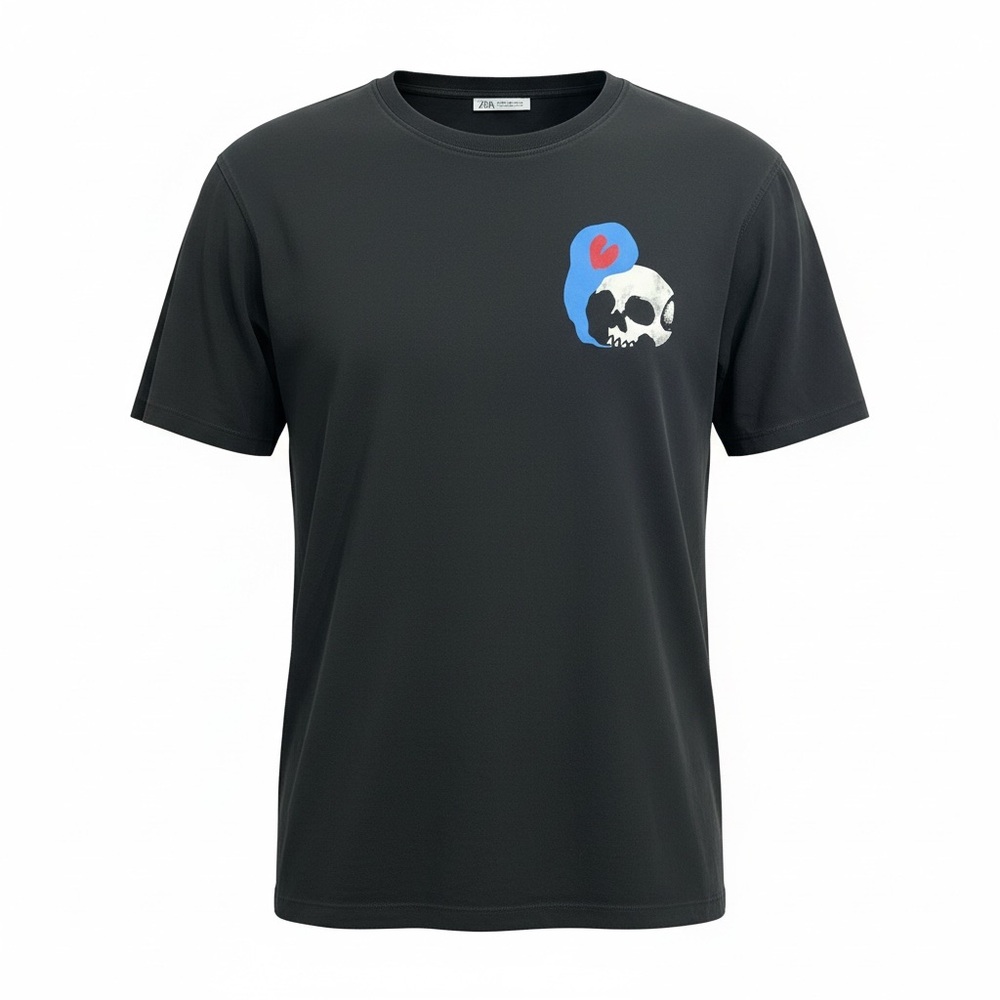 ZARA Black Skull Graphic T-Shirt Men’s/Unisex Size M Back Print Crew Neck
